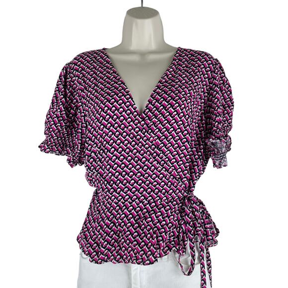 Diane von Furstenberg Emilia 3D Chain Printed Wrap Top Pink Size 16 - Picture 4 of 12